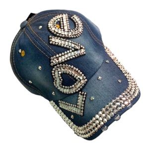 VITALIA Blue Denim Rhinestone Studded “LOVE” Baseball Cap